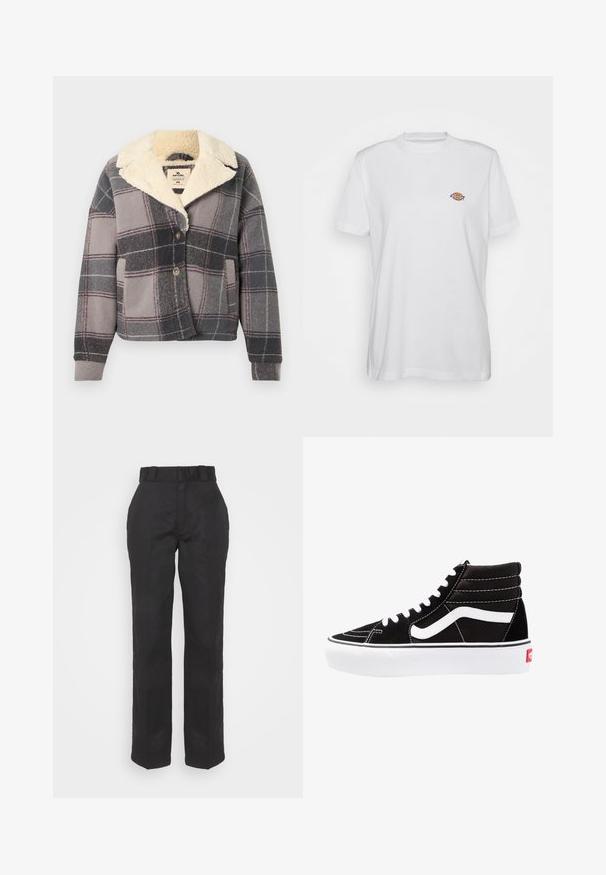 Chaqueta de cuadros con cuello de piel sintética, en tonos gris, negro y rosa. Cierre de botones y bolsillos laterales, confeccionada en tejido suave y texturizado.; Camiseta de algodón blanca con cuello redondo y mangas cortas, que presenta un pequeño logotipo colorido de "Diesel" bordado en el pecho.; Pantalones negros con una textura suave, diseño de pierna recta y cintura con cinturón. Presenta una silueta simple y clásica sin patrones adicionales.; Zapatillas altas negras con cordones blancos, un logo blanco y costuras en blanco que contrastan. Presentan una suela blanca gruesa y una parte superior de ante texturizado.
