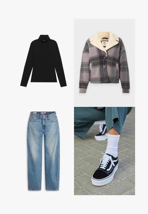 Chaqueta de cuadros con cuello de piel sintética, en tonos gris, negro y rosa. Cierre de botones y bolsillos laterales, confeccionada en tejido suave y texturizado.; Sudadera negra de manga larga con cuello alto. Tejido suave, diseño ajustado, cuello alto y costuras laterales. Estilo sencillo y versátil, adecuado para combinar en capas.; Jeans de mezclilla azul claro con un ajuste holgado, diseño de pierna recta, bragueta de botones y estilo de cinco bolsillos, con sutiles detalles de desteñido y costuras.; Zapatillas de ante negro con acentos y cordones blancos, que cuentan con una gruesa suela blanca y costuras en contraste, combinadas con un calcetín blanco.