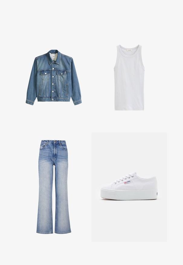 Veste en denim bleu avec col, fermeture à boutons, deux poches poitrine à rabats et deux poches latérales, étiquetée Marc O'Polo Denim.; Débardeur blanc sans manches avec encolure ronde, étiqueté Marc O'Polo, présenté sur fond blanc.; Un jean large en denim bleu clair présente une taille haute, une fermeture à bouton, un léger délavé et un design classique à cinq poches.; Baskets en toile blanches avec une épaisse semelle plateforme blanche, bout rond et œillets en métal pour les lacets. Logo de la marque affiché sur le côté.