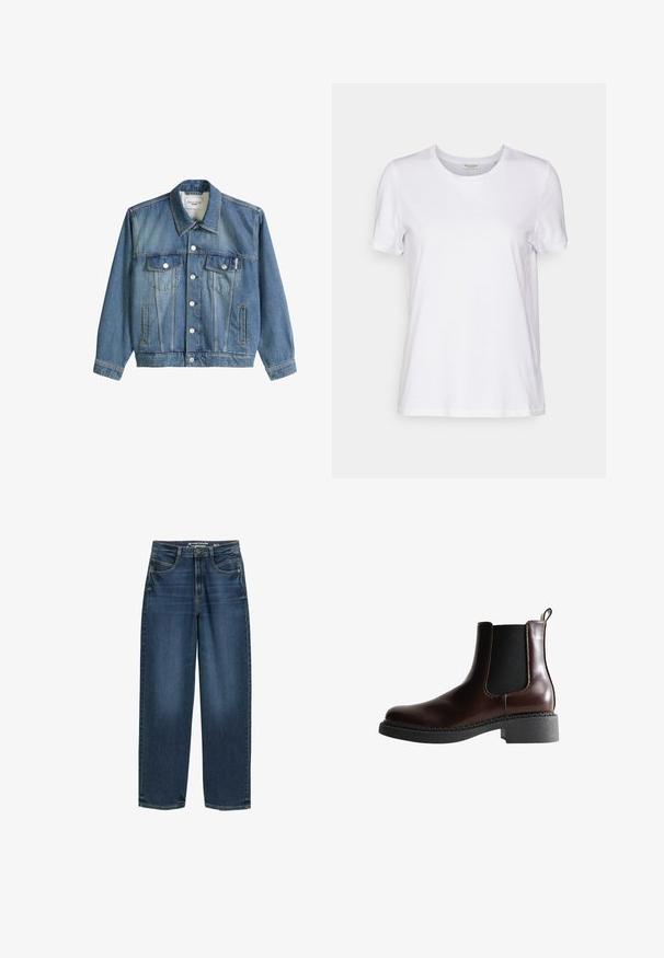 Blaue Jeansjacke mit Kragen, Knopfverschluss, zwei aufgesetzten Brusttaschen mit Klappen und zwei Seitentaschen, mit dem Etikett Marc O'Polo Denim.; Weißes T-Shirt mit kurzen Ärmeln, aus weichem Material, mit Rundhalsausschnitt und lockerer Passform. Der Saum ist gerade und hat keine Muster oder Akzente.; Dunkelblaue weite Jeans mit hoher Taille, Fronttaschen und klassischer Denim-Textur. Abgeschlossen mit dezenten Steppnähten und geraden Beinsäumen.; Braune Leder-Boots mit elastischen Seitenteilen, runder Spitze und einer strukturierten schwarzen Gummisohle. Verfügt über kontrastierende Nähte und eine Ziehlasche.