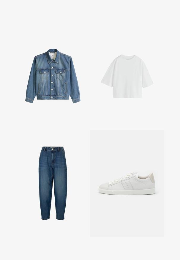 Blauwe spijkerjas met kraag, knoopsluiting, twee borstzakken met kleppen en twee zijzakken, gelabeld Marc O'Polo Denim.; Effen witte oversized T-shirt met korte mouwen, een ronde hals en een losse pasvorm.; Hoge blauwe denim jeans met een ontspannen pasvorm, voorzien van voorkruiken, een ritssluiting en subtiele vervaging op de stof.; Witte leren sneaker met een gladde afwerking, met een ronde neus, platte veters en een beige leren hieltab. Geâctiviteerde binnenkant en een minimalistisch ontwerp.