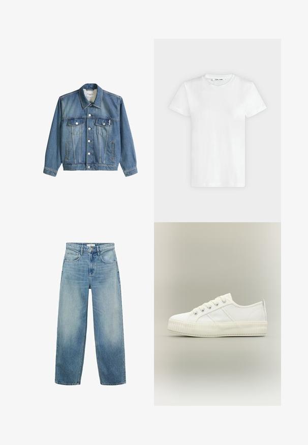 Blauwe spijkerjas met kraag, knoopsluiting, twee borstzakken met kleppen en twee zijzakken, gelabeld Marc O'Polo Denim.; Effen witte T-shirt met korte mouwen en ronde hals, plat liggend op een lichtgrijze achtergrond, met voorzijde en label aan de binnenkant van de halslijn zichtbaar.; Lichtblauwe denim wijde jeans met een hoge taille, vijf zakken en een knoopsluiting. Verbleekte patroon naar de onderkant.; Witte lage sneaker met dikke geribde zool, veters aan de voorkant en trek-lus aan de hiel tegen een neutrale achtergrond.