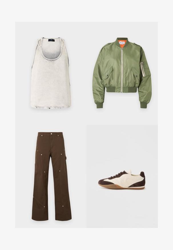 Blouson aviateur vert olive avec fermeture éclair à l'avant, deux poches à rabat avec bouton-pression, poignets et ourlet côtelés, et poche zippée sur la manche gauche, doublure orange.; Débardeur en coton de couleur blanc délavé avec un décolleté en bateau et des coutures latérales. Présente une texture subtile et une petite étiquette de marque au niveau du décolleté.; Pantalon droit marron avec poches avant et latérales, rivets argentés, passants de ceinture et fermeture par bouton sur fond blanc.; Baskets marron et crème présentant un mélange de matériaux texturés et lisses, profil bas, design à lacets, et semelle en caoutchouc.