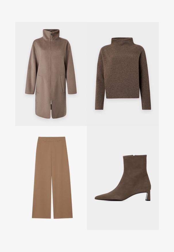 Brun fleece jakke med høj krave, frontlynlås og to sidelommer. Har en afslappet pasform og mid-længde design.; Brun, cropped sweater med en høj, fold-over hals, lange ærmer og et blødt, tekstureret stof. Minimalistisk design uden synlig hardware.; Vide benbukser i en ensfarvet brun farve, lavet af et tekstureret stof; har høj talje og struktureret design med bæltestropper.; Brun ruskindsankelstøvle med spids tå, sidelukning med lynlås og lav blokhæl på ensartet lys baggrund.