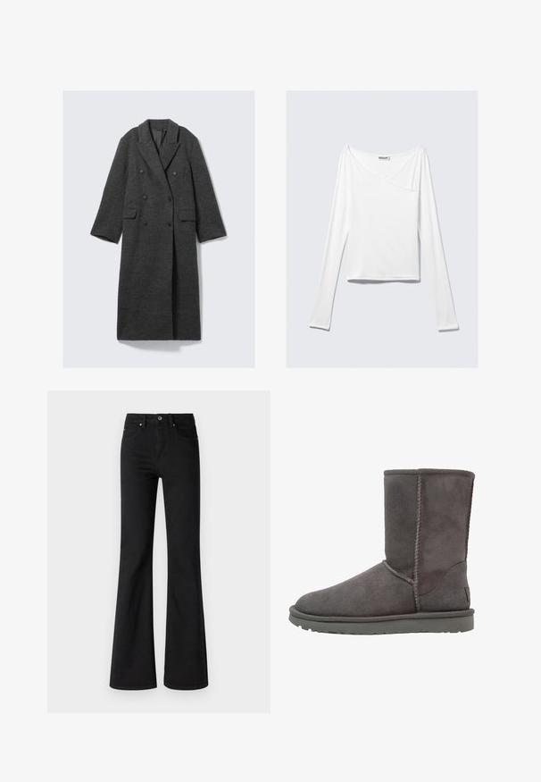 Manteau en laine gris foncé, longueur genou, avec un devant croisé, de larges revers, deux poches avant et une doublure intérieure lisse.; Haut blanc à manches longues avec un design croisé et une poche. Fabriqué dans un tissu lisse et extensible. Coupé dans une coupe décontractée et ample.; Jeans évasés noirs en denim avec une taille haute, comportant cinq poches, une fermeture à bouton à l'avant et une fermeture éclair, texture lisse.; Bottine en suède gris avec un orteil arrondi, des détails de couture verticaux et une semelle en caoutchouc plate. Présente un design simple et épuré.