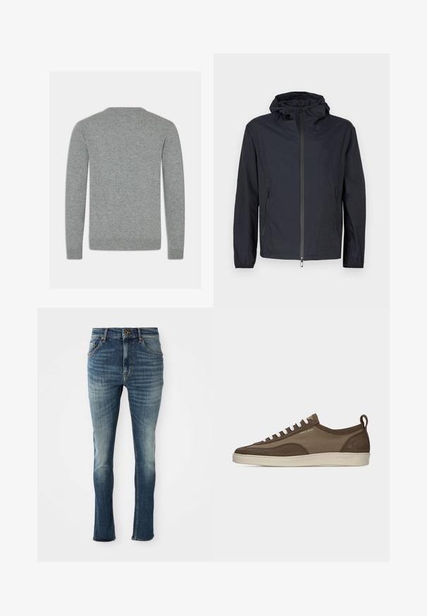 Letvægts sort jakke med tekstureret finish, fuld lynlås foran, justerbar snøre i hætten og lynlåslommer i siden.; Grå strikket sweater med rund halsudskæring, lange ærmer og ribbede manchetter. Materialet virker blødt med en glat tekstur.; Mørkeblå denimjeans med lys afblegning, lige ben-design, fem lommer og kontrastsyet. Messingknap og lynlås-lukning.; Lavprofileret brun sneaker med hvide snørebånd, beige sål, stof og ruskindsoverdel, side pull-tab og "Tiger of Sweden" logo i guldtekst.