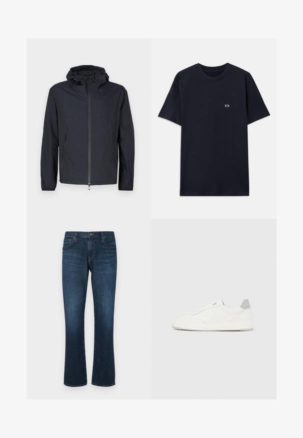 Letvægts sort jakke med tekstureret finish, fuld lynlås foran, justerbar snøre i hætten og lynlåslommer i siden.; Mørkeblå bomulds T-shirt med korte ærmer og rund halsudskæring. Har et lille hvidt "A|X" logo på venstre brystområde.; Mørkeblå denimjeans med lige ben-design, fem lommer og metalknap-lukning. Glat tekstur med subtil falming.; Hvid lavtop-sneaker med gråt hælflig, hvide snørebånd og tekstureret sål, vist på en ensfarvet lys baggrund.