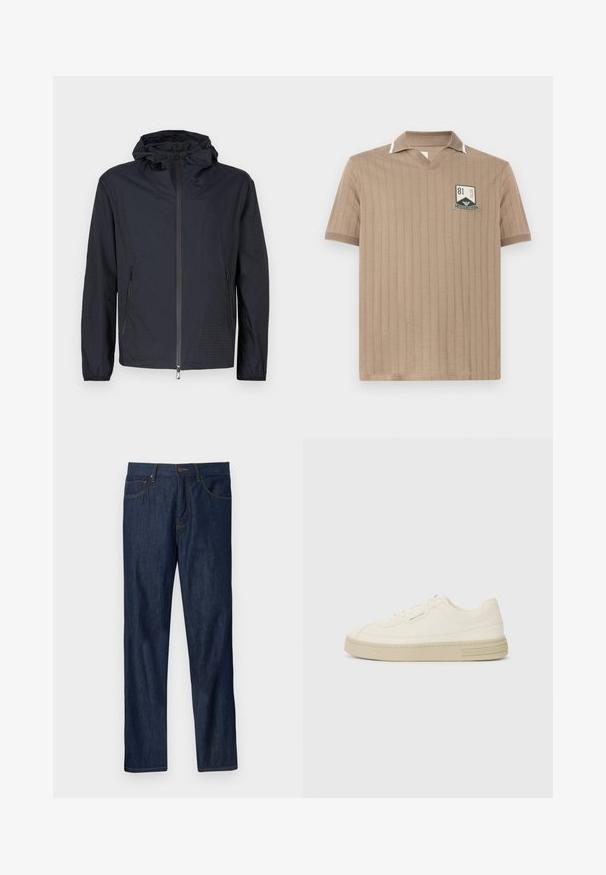 Leichte schwarze Jacke mit strukturierter Oberfläche, durchgehendem Reißverschluss vorne, verstellbarer Kordelzugkapuze und Reißverschlusstaschen an den Seiten.; Beige kurzärmliges Poloshirt mit geripptem Stoff, offenem Kragen mit weißer Einfassung und einem grünen und weißen „81 Club Emporio Armani“-Patch auf der Brust.; Dunkelblaue Denim-Jeans mit geradem Bein, vorderen Taschen, Gürtelschlaufen und Knopfverschluss auf einem hellgrauen Hintergrund.; Weiße Leinen-Sneaker mit einer strukturierten Gummisohle, die eine gestickte Zehenkappe und ein Logo-Detail an der Ferse aufweisen. Einfaches Schnürdesign.