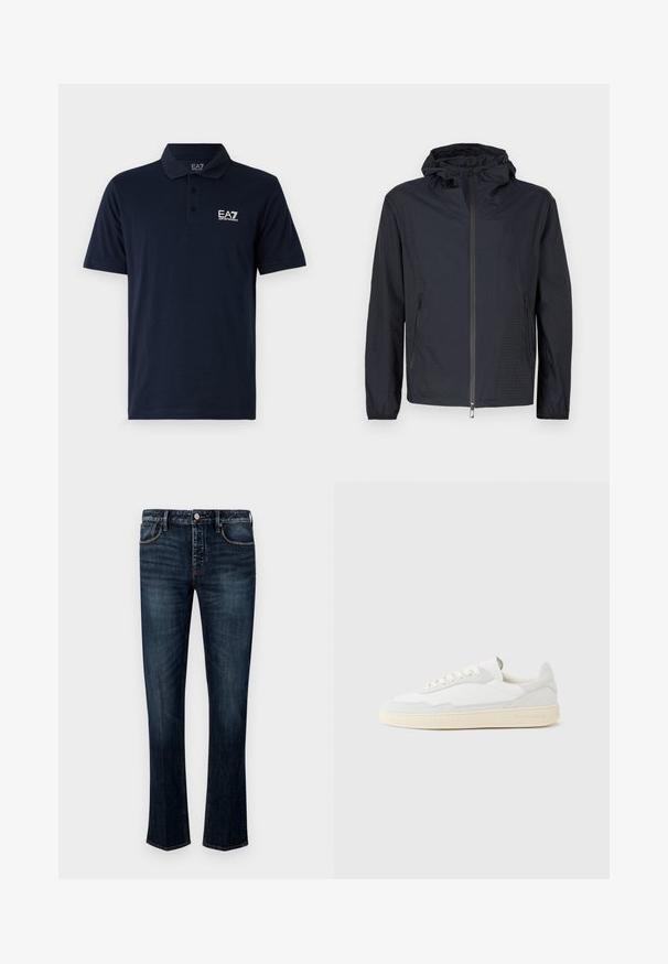 Letvægts sort jakke med tekstureret finish, fuld lynlås foran, justerbar snøre i hætten og lynlåslommer i siden.; Mørkeblå polo-shirt lavet af bomuld, med krave, korte ærmer og et hvidt EA7-logo på venstre bryst. Klassisk pasform.; Mørkeblå denim jeans med lige ben-design, der har fem lommer, synlige syninger og en knap- og lynlås-lukning.; Hvid sneakers med en øvre del i tekstureret ruskind og læder. Har rundet tå, snørelukning og kontrasterende beige gummisål.