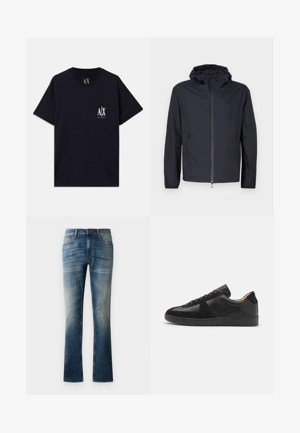Veste noire légère avec une finition texturée, une fermeture éclair intégrale à l'avant, une capuche ajustable avec cordon et des poches latérales zippées.; T-shirt en coton noir à manches courtes, col ras du cou et logo blanc sur la poitrine gauche. Texture lisse et coupe décontractée.; Jean en denim bleu à coupe droite, avec un délavage, cinq poches et un bouton marron à la taille.; Tiger of Sweden BELLICU - Baskets basses - black