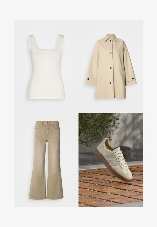 Trench-coat beige en tissu léger, avec un col, cinq boutons sur le devant, et deux poches latérales ainsi que des poignets à boutons.; Débardeur couleur crème avec un décolleté carré, des bretelles fines et une silhouette ajustée. Fabriqué en tissu doux et extensible. Pas de motifs ni d'accents.; Jean large beige en denim coton durable, avec une fermeture à boutons, un design à cinq poches et des détails de couture subtils le long des coutures.; Baskets couleur crème avec une semelle extérieure en caoutchouc beige texturée, un design à lacets et un marquage subtil sur le côté. Tige en cuir lisse.