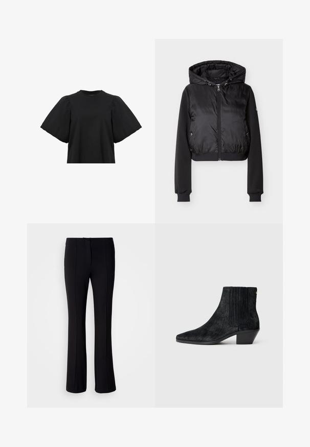 Veste noire à capuche avec devant matelassé, manches en tissu lisse, fermeture éclair avant et poches latérales à boutons-pression.; AllSaints JESS TEE - Blouse - black; Pantalon évasé noir en tissu lisse, avec coutures avant et fermeture éclair dissimulée. Design simple sans motifs ni ornements.; Bottine noire à bout pointu, en matériau texturé imitant les cheveux, avec un panneau latéral à nervures et un petit talon carré. Un design simple et moderne.