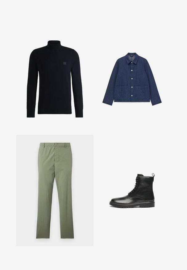 Mørkeblå denimjakke med krave, to forlommer, trykknapper foran og en afslappet pasform med lange ærmer.; Marineblå højhalset sweater lavet af blødt strikmateriale, med lange ærmer og ribbestrikket krave. Inkluderer et firkantet logo-patch på brystet.; Olivengrønne bukser med lige ben, bæltestropper, frontlynlås og lommer, vist mod en ens hvid baggrund.; Sort læder ankelstøvle med en glat finish, rund tå, snørelukning foran og en hælflap bagpå. Gummisål med mønster.
