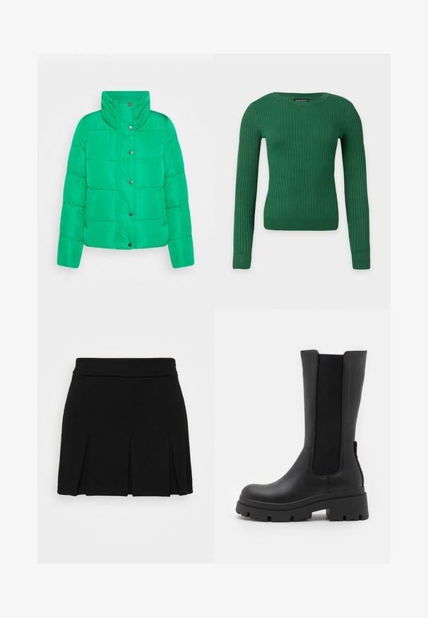 Groene pufferjack met hoge kraag, drukknoopsluiting en horizontaal gestikt ontwerp. Beschikt over twee zijzakken en een gladde textuur.; Groen geribd trui met lange mouwen en ronde hals, aansluitende stijl en label bij de halslijn op een effen lichte achtergrond.; Even&Odd by Zalando Minirok - black; ONLY SHOES ONLDOJA - Plateaulaarzen - black