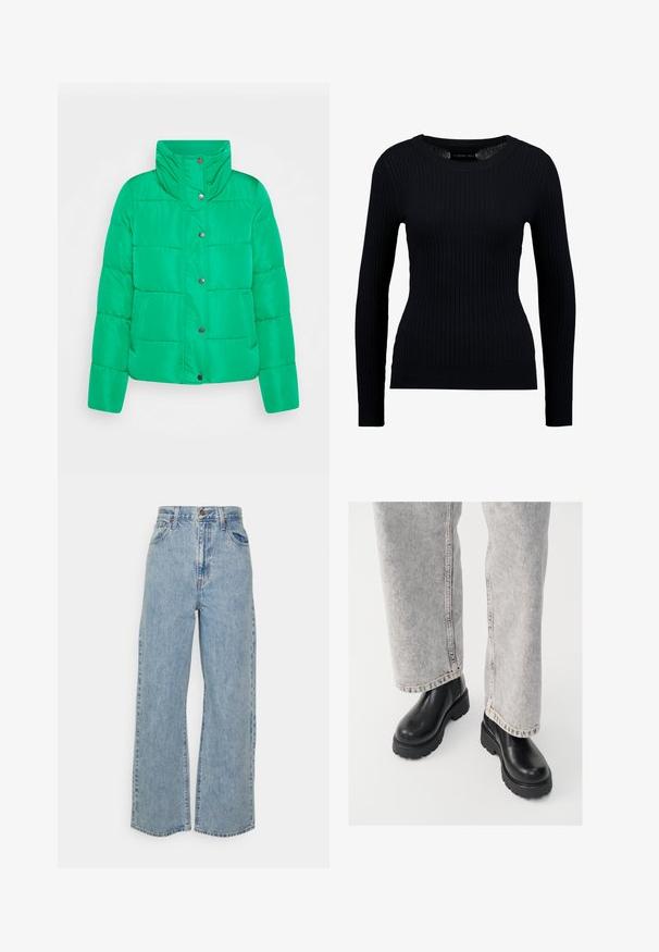 Grüne Puffjacke mit hohem Kragen, Druckknopfverschluss und horizontaler Steppoptik. Verfügt über zwei Seitentaschen und eine glatte Textur.; Schwarzer, gerippter Langarmpullover mit rundem Halsausschnitt und taillierter Silhouette. Die Textur ist glatt mit einem dezenten Stretch.; Hellblaue, weit geschnittene Jeans mit hoher Taille, vorderem Knopf, Reißverschluss und Fünf-Taschen-Design auf neutralem Hintergrund.; Vagabond COSMO - Plateaustiefelette - black