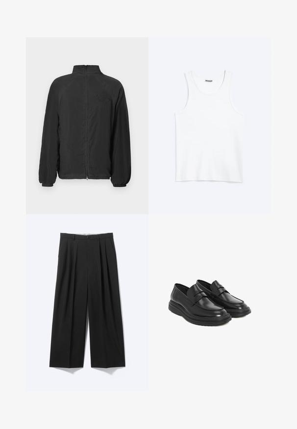 Schwarze Zip-Jacke mit hohem Kragen, gerippten Bündchen und strukturierter Stoffqualität. Verfügt über ein geprägtes Logo auf der Brust. Leichtes Design.; Weißes ärmelloses Tanktop mit rundem Ausschnitt und Weekday-Markenetikett auf der Innenseite des hinteren Kragens, flach auf hellem Hintergrund dargestellt.; Schwarze Weithose mit vorderen Falten, Gürtelschlaufen und Knopfverschluss auf schlichtem hellem Hintergrund dargestellt.; Schwarze Lederloafer mit runder Spitze, gesteppten Details und einer Plattform aus Gummi. Verfügt über einen dekorativen Riemen über dem Vorderblatt.