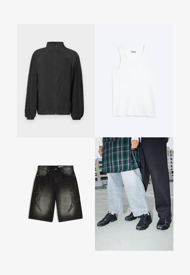 Sort zip-jakke med høj krave, ribbede manchetter og struktureret stof. Har et prægede logo på brystet. Letvægtsdesign.; Hvid ærmeløs tanktop med rund halsudskæring og Weekday-mærke på den indvendige baghals, vist fladt på lys baggrund.; Sorte denimbukser med falmet gradient, frynsete abstrakte mønstre på lårene, forlommer, bæltestropper og knaplukning.; Sorte atletik sko med mesh- og gummidetaljer. Båret med lysegrå vide jeans og en ternet grøn bluse. Flad overflade i baggrunden.