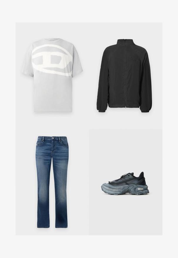 Schwarze Zip-Jacke mit hohem Kragen, gerippten Bündchen und strukturierter Stoffqualität. Verfügt über ein geprägtes Logo auf der Brust. Leichtes Design.; Graues Baumwoll-T-Shirt mit einem großen, abstrakten weißen Logo-Design auf der Vorderseite. Kurze Ärmel und Rundhalsausschnitt. Glatte Textur.; Dunkelblaue Jeans aus Denim mit geradem Bein, ausgestattet mit Fronttaschen, dezentem Verblassen und einem klassischen Knopfverschluss an der Taille.; Schwarz- und graue Diesel-Sneaker mit dicker Sohle, Schnürverschluss und strukturiertem Design auf einem schlichten hellgrauen Hintergrund.