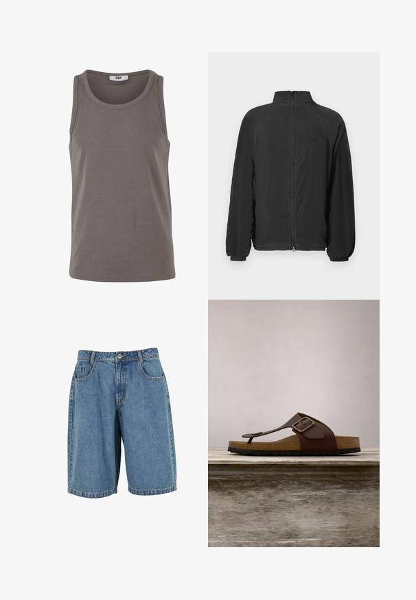 Sort zip-jakke med høj krave, ribbede manchetter og struktureret stof. Har et prægede logo på brystet. Letvægtsdesign.; Grå ribbet tank top med rund halsudskæring og brede ærmehuller. Lavet af strækbart stof, har den en almindelig pasform og et minimalistisk design.; Denim shorts i falmet blå, med et klassisk fem-lommekoncept, frontknaplukning og sydd søm. Glat tekstur med medium vægt.; Brun læderklipklap med justerbar spænde på træoverflade, slørede grønne planter i baggrunden.