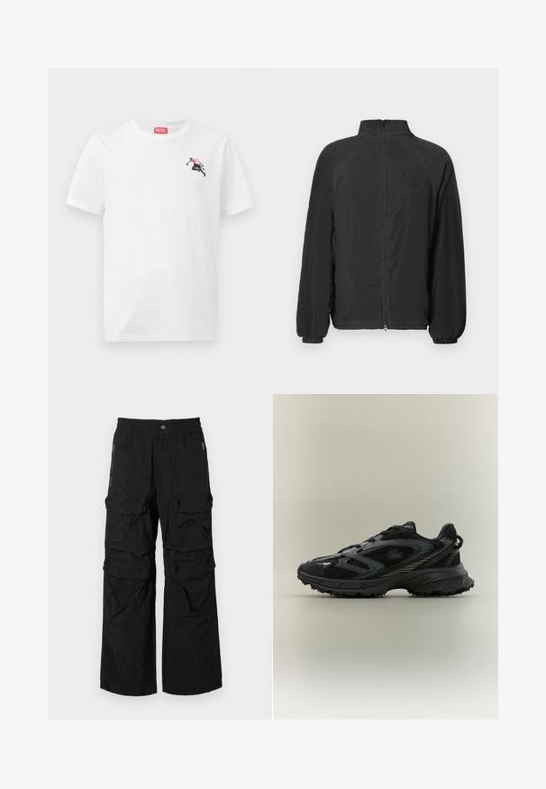 Veste noire zippée avec un col haut, des poignets côtelés et un tissu texturé. Présente un logo en relief sur la poitrine. Design léger.; T-shirt en coton blanc avec un petit motif noir et rouge sur le côté gauche de la poitrine et une étiquette logo rouge au niveau de l'encolure. Manches courtes, col rond.; Pantalons cargo noirs avec une taille élastique, plusieurs grandes poches et des poches latérales zippées. Fabriqués en tissu léger et texturé.; Chaussure de sport noire avec des panneaux en mesh, une semelle texturée, des lacets et une silhouette courbée avec des accents argentés sur les côtés.