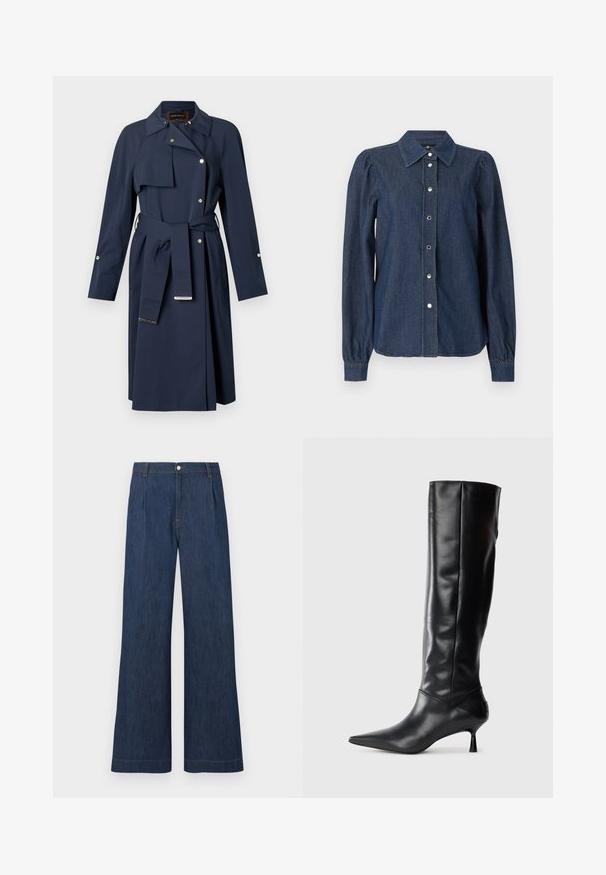 Marineblauwe trenchcoat met een ceintuurring, gouden accenten, een kraag met inkeping en knopen aan de voorkant. Gemaakt van glad, gestructureerd stof.; Donkerblauw denim overhemd met lange mouwen, knoopsluiting aan de voorkant, puntige kraag en licht opgepofte schouders.; Donkerblauwe denim jeans met wijde pijpen, geplooid aan de voorkant, met riemlussen en een knoopsluiting aan de tailleband.; Zwarte leren kniehoge laars met een spitse neus en slanke gebogen hak. Gladde textuur, aansluitend ontwerp en geen zichtbare hardware of patronen.