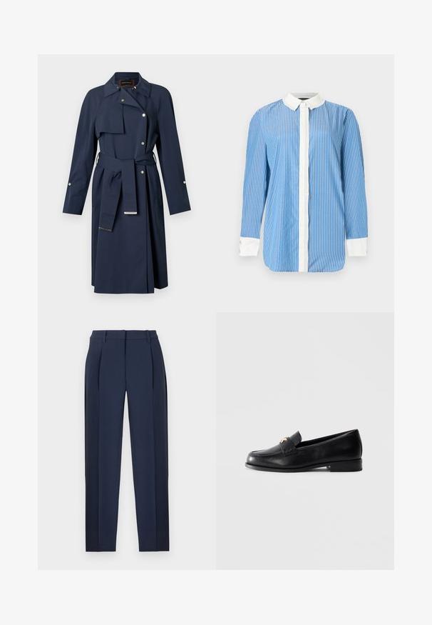 Trench-coat bleu marine avec taille ceinturée, accents dorés, col cranté et boutonnage sur le devant. Confectionné en tissu lisse et structuré.; Chemise bleue à manches longues avec des rayures verticales blanches, un col blanc, une patte de boutonnage avant blanche et des poignets blancs avec boutons.; Pantalons sur mesure bleu marine avec plis sur le devant, passants pour ceinture et jambes droites, présentés sur un fond blanc.; Mocassin en cuir noir avec un petit talon et un emblème décoratif en or sur la sangle, présenté sur un fond gris clair uni.