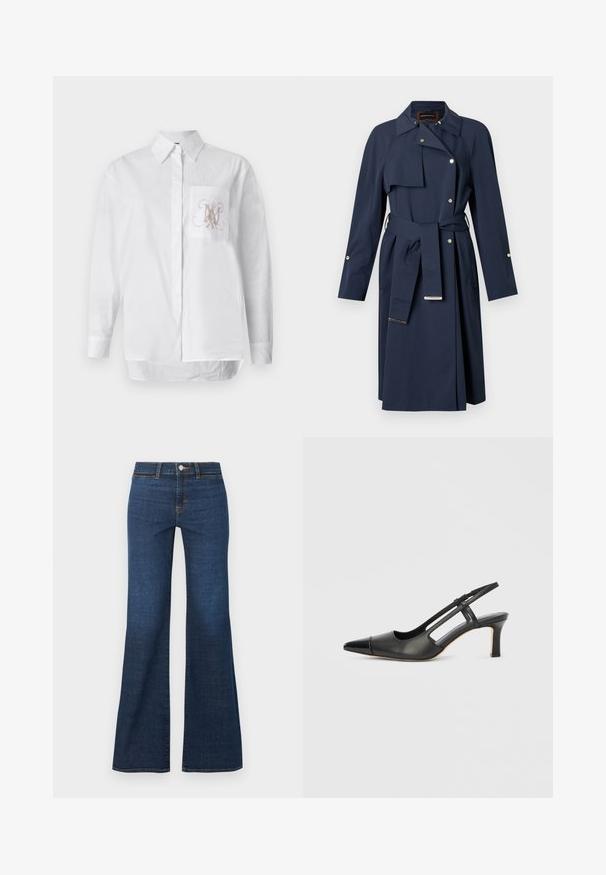 Trench-coat bleu marine avec taille ceinturée, accents dorés, col cranté et boutonnage sur le devant. Confectionné en tissu lisse et structuré.; Chemise blanche à manches longues en coton, dotée d'une poche sur la poitrine gauche avec un monogramme brodé en marron clair. Ourlet droit.; Jean en denim bleu foncé taille haute avec jambes évasées, fermeture avant par boutons et zip, et coutures orange visibles.; Chaussure à bride arrière en cuir noir avec bout pointu, dotée d'un accent brillant sur le bout et d'un talon de hauteur moyenne. Design latéral ouvert.