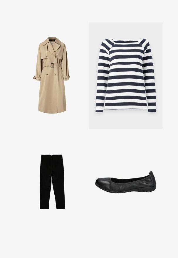 Beige trenchcoat i bomuldsblanding; dobbeltbrystet design med store knapper, bælte i taljen og klaplommer; har en ternet foring.; TOM TAILOR STRIPED CARRE NECK - Langærmet T-shirt - lunar eclipse/off white; Sorte skræddersyede ankelkorte bukser med sidelommer og let tilspidset ben, vist fladt på en hvid baggrund.; Sorte læder balletflade med rund tå, glat overflade og en let elastisk kant for komfort. Gummisål for godt greb.