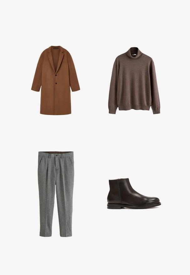 Brun uldblanding frakke med skråkrave, enkelt knaplukning og lange ærmer. Glat tekstur med en skræddersyet pasform og rene linjer.; Brun turtleneck sweater lavet af blødt stof. Har lange ærmer og en afslappet pasform med ribbet krave og søm.; Grå uldbukser med en struktureret overflade, der har et lige snit, plisseret front og sidelommer. Brun indvendig foring synlig ved taljen.; Sort læder ankelstøvle med en glat tekstur, rund tå og lav hæl. Har en side lynlås for nem påtagning.