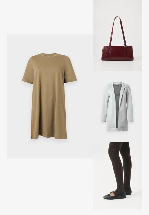 Blazer gris clair en tissu doux et texturé. Présente une coupe ajustée, un devant ouvert et deux poches latérales. Style minimaliste sans fermetures.; Robe ample à manches courtes et col rond, en coton marron clair uni, longueur genou, présentée sur un fond gris clair uni.; Jambes portant des leggings côtelés foncés associés à des ballerines noires avec de petits détails en nœud sur fond blanc.; Sac à main bordeaux en matériau brillant, de forme rectangulaire, avec deux anses et des accents légèrement courbés à l'avant.