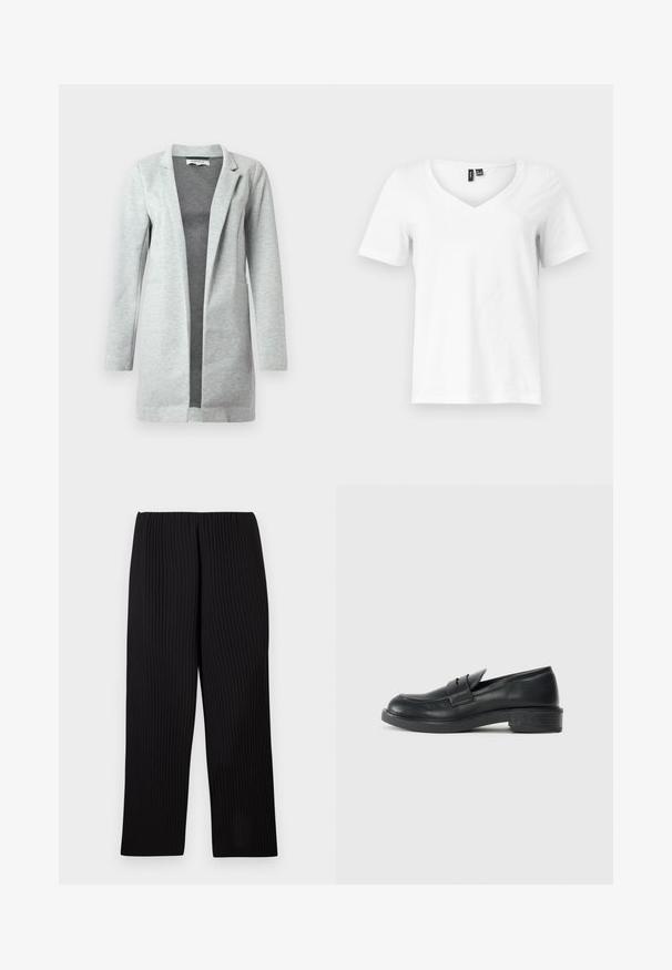 Lysegrå blazer lavet af blødt, tekstureret stof. Har en tætsiddende pasform, åben front og to sidelommer. Minimalistisk stil uden lukninger.; Hvid kortærmet V-hals T-shirt med synlige sorte tøjmærker ved kraven på en lysegrå baggrund.; Sorte ribstrikkede bukser med vide ben. Har en glat struktur og elastik i taljen. Lige snit ned til anklen.; Sorte læder loafers med rund tå, stikninger og en lille hæl. Glat tekstur og en fleksibel gummisål.
