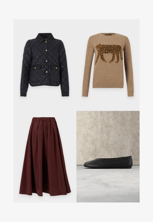 Veste matelassée noire avec col, manches longues, boutons-pression dorés et deux poches à rabat à l'avant sur un fond uni.; Pull en maille couleur chameau avec un motif détaillé de léopard en marche sur la poitrine, poignets et ourlet côtelés, encolure ronde.; Jupe longue bordeaux avec un design plissé et une ceinture élastique. Texture lisse, forme pleine, et longueur jusqu'au sol.; Ballerine en cuir noir avec un bout arrondi, texture lisse et un accent logo doré sur le côté. Placée au-dessus d'une surface réfléchissante.