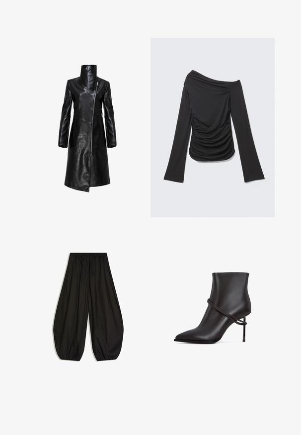 Zwarte leren jas met hoge kraag, asymmetrisch ontwerp, lange mouwen en diagonale ritssluiting. Gladde textuur en getailleerde pasvorm.; Zwarte top met lange mouwen, asymmetrische off-shoulder halslijn en geplooide details aan de zijkanten en voorkant.; Loszittende zwarte broek met een geplooide elastische tailleband en elastische broekspijpen, die een ballonachtige silhouet creëren.; Strakke zwarte enkelboot met een spitse neus, accent van gewikkeld design en een hoge stilettohak op een witte achtergrond.