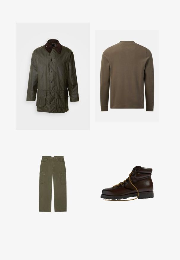 Barbour BEAUFORT - Kurzmantel - archive olive; Langärmliges, olivgrünes, strukturiertes Hemd von hinten mit rundem Ausschnitt und schlichten Manschetten vor weißem Hintergrund.; Olivgrüne Cargo-Hose mit geradem Bein, zwei großen Seitentaschen und klassischer Fünf-Taschen-Optik. Hergestellt aus strapazierfähigem Baumwollmaterial.; Brauner Leder-Wanderschuh mit abgerundetem Zeh, strukturierten Oberflächen, gelben Schnürsenkeln und Metallösen. Enthält eine robuste schwarze Gummisohle.