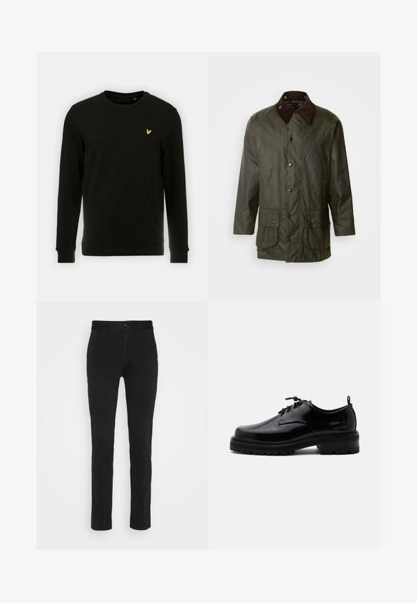 Barbour BEAUFORT - Manteau court - archive olive; Sweatshirt noir en coton, avec des manches longues et un col rond. Logo d'oiseau jaune remarquable sur la poitrine gauche. Texture lisse.; Chinos en coton noir avec une coupe slim, dotés d'une taille standard, de poches avant et d'une poche arrière unique. Texture lisse et minimalisme dans les détails.; Chaussure en cuir noir poli à lacets, semelle en caoutchouc épaisse et talon bas, texte de marque "SAMSOE" sur le côté et languette arrière.