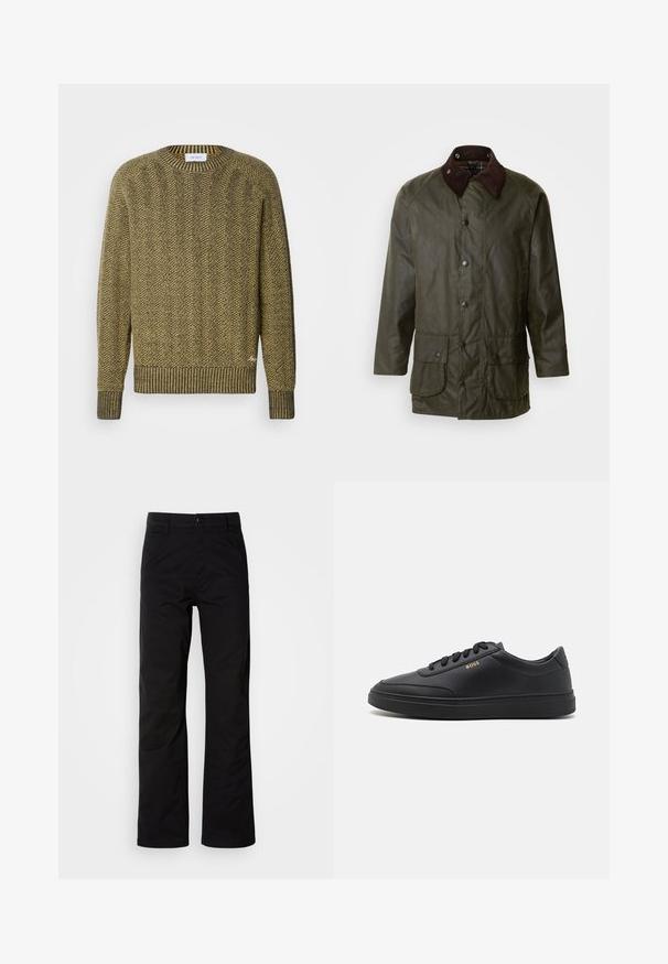 Barbour BEAUFORT - Halflange jas - archive olive; Groene en gele herringbone gebreide trui met een geribde ronde hals en manchetten, voorzien van een gestructureerd geweven patroon over het geheel.; Zwarte katoenen broek met een recht design, voorzien van een knoopsluiting en riemlussen. Gladde textuur en minimalistische stijl zonder zichtbare patronen.; Zwarte leren sneakers met een gladde textuur, ronde neus, platte rubberen zool en tonale veters. Kenmerkt zich door de gouden "BOSS" branding aan de zijkant.