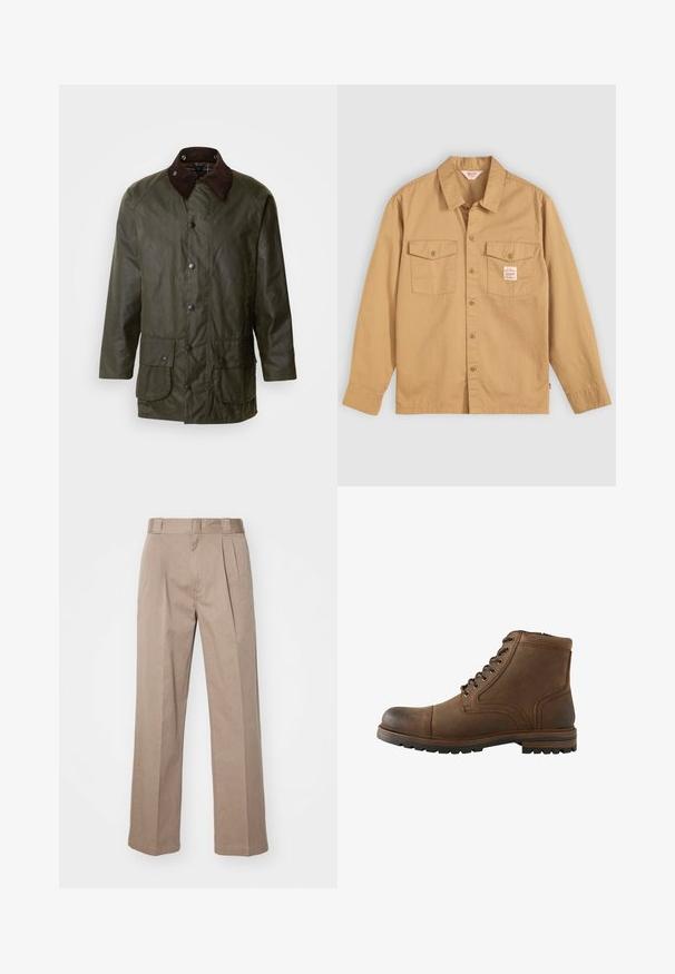 Barbour BEAUFORT - Kurzmantel - archive olive; Beige Hemd mit langen Ärmeln, zwei Brusttaschen und einem kleinen Etikett. Hergestellt aus Baumwolle mit einer glatten Textur und klassischem Kragen-Design.; Beige, hoch taillierte Hosen mit weit geschnittenem Design. Verfügbar mit zwei Vorderfalten und einer glatten Textur. Standardlänge mit einem sauberen Finish.; Brauner Leder-Stiefel mit Schnürung vorne und robuster Sohle, geeignet für Freizeit- oder Outdoor-Einsätze.