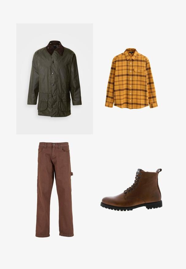 Barbour BEAUFORT - Halflange jas - archive olive; Langarm overhemden in mosterdgeel en bruine ruit met een puntige kraag en een borstzak op een witte achtergrond.; Bruine cargobroek van stevig materiaal, met een recht pasvorm, voorzakken en een zijzak met een klep.; Bruine leren enkelbotten met een gestructureerde afwerking, metalen oogjes en een zwarte rubberen profielzool. Voorzien van een trekband aan de achterkant voor gemakkelijke instap.