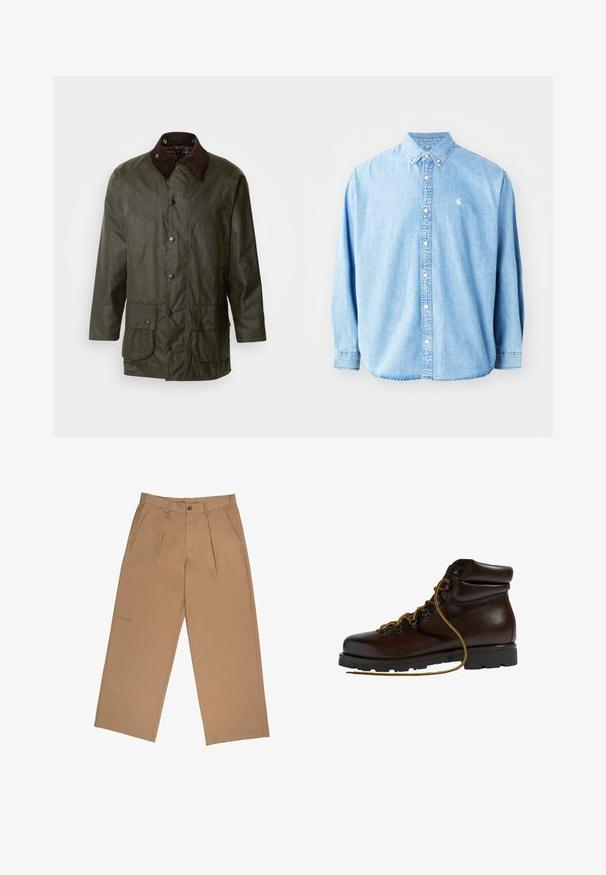 Barbour BEAUFORT - Kurzmantel - archive olive; Hellblaue Jeanshemd mit langen Ärmeln, spitzem Kragen und kleinem Logo auf der linken Brust. Hat eine lockere Passform und ein klassisches Design.; Helle Hose aus einem glatten Stoff, mit Falten, Knopfverschluss und einem gestickten Logo nahe dem Saum.; Brauner Leder-Wanderschuh mit abgerundetem Zeh, strukturierten Oberflächen, gelben Schnürsenkeln und Metallösen. Enthält eine robuste schwarze Gummisohle.