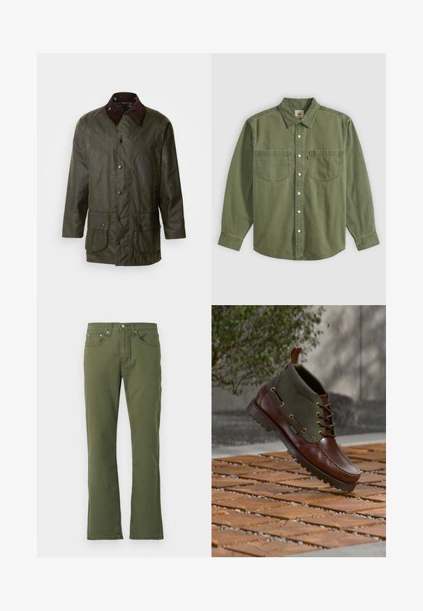 Barbour BEAUFORT - Manteau court - archive olive; Chemise vert olive à manches longues boutonnée, avec deux poches poitrine, boutons blancs et col pointu, affichée à plat sur un fond clair.; Jean évasé vert olive en coton avec une texture lisse ; comporte cinq poches, une fermeture à bouton et des détails de couture subtils.; Botte en cuir marron et tissu vert olive avec semelle épaisse, lacets et languette, suspendue au-dessus du sol en bois et en pierre en extérieur.