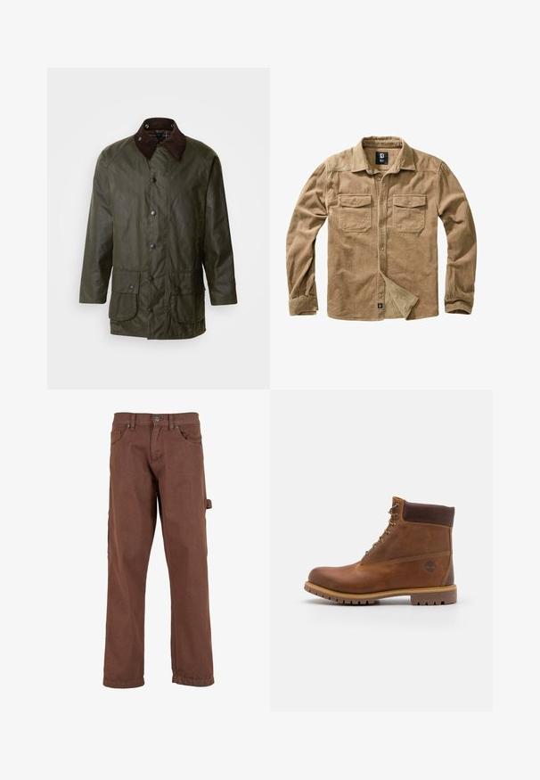 Barbour BEAUFORT - Halflange jas - archive olive; Teddyhemd in bruin met lange mouwen, knoopsluiting aan de voorkant, twee borstzakken en subtiele ribbelstructuur. Voorzien van een merketiket aan de onderkant.; Bruine cargobroek van stevig materiaal, met een recht pasvorm, voorzakken en een zijzak met een klep.; Bruine leren wandelschoen met een gladde afwerking, gevoerde enkel, metalen oogjes en een rubberen zool met een robuust profiel.
