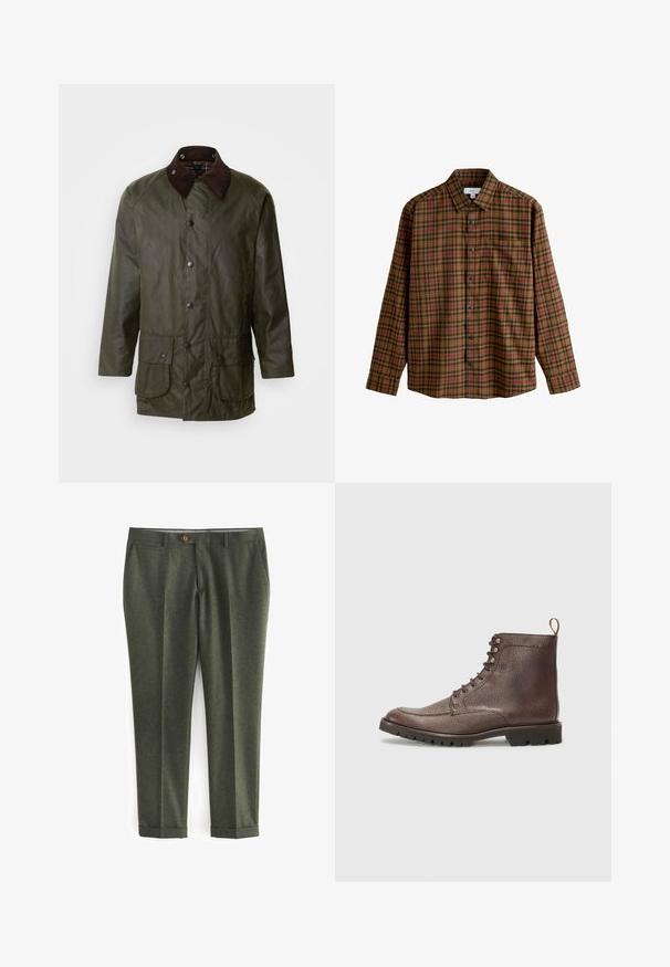 Barbour BEAUFORT - Manteau court - archive olive; Chemise à carreaux marron et orange à boutons, manches longues, avec une poche poitrine et des boutons noirs. Coupe régulière, adaptée pour un style décontracté.; Pantalons vert foncé en tissu texturé, dotés de poches latérales, d'une fermeture à bouton sur le devant et de poignets retroussés pour un look soigné.; Hackett London SLOANE APRON - Bottines à lacets - dark mocca brown