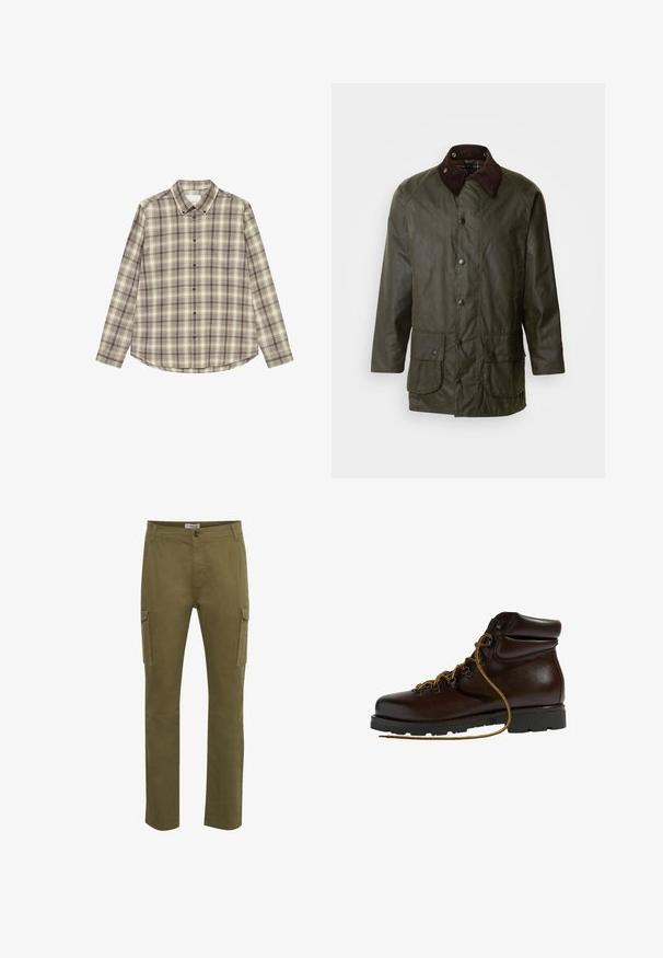 Barbour BEAUFORT - Manteau court - archive olive; Chemise à manches longues à carreaux beiges et bruns. Elle dispose d'un col pointu, de boutons sur le devant et d'une seule poche poitrine.; Pantalons cargo verts avec une coupe droite, dotés de deux poches latérales, d'une fermeture à bouton et de détails cousus sur la surface du tissu.; Bottine de randonnée en cuir marron avec un bout arrondi, surface texturée, lacets jaunes et œillets en métal. Dotée d'une semelle en caoutchouc noir robuste.