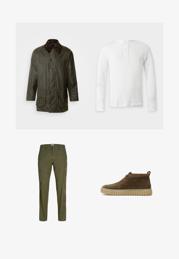 Barbour BEAUFORT - Manteau court - archive olive; T-shirt thermique blanc à manches longues avec col rond et patte de boutonnage à trois boutons, présenté à plat sur fond clair.; Pantalon cargo vert olive pour homme avec poches latérales, fermeture boutons, passants de ceinture et jambes droites.; Bottines en daim marron avec un bout rond, des coutures minimales et une semelle en caoutchouc texturée et épaisse. Comprend un design à lacets et un tirant au talon.