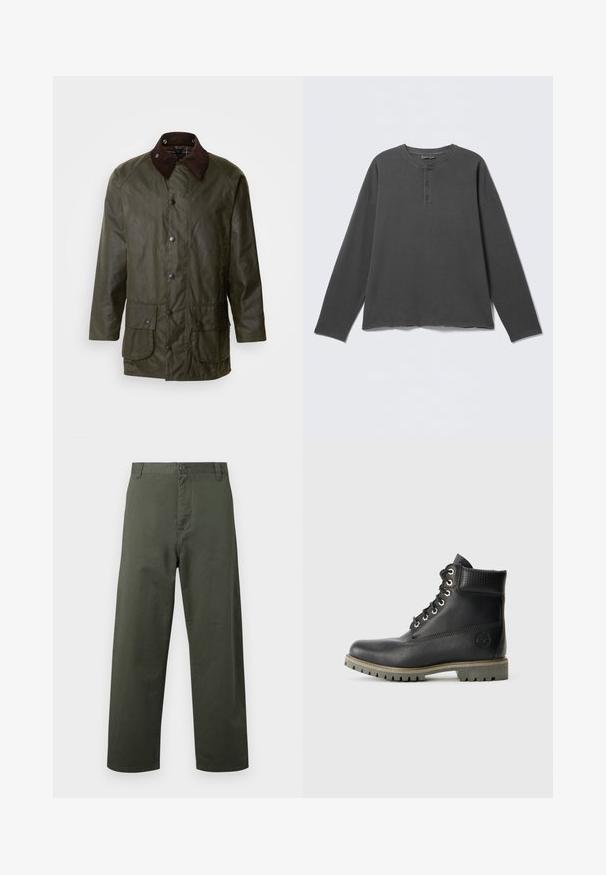 Barbour BEAUFORT - Halflange jas - archive olive; Donkergrijs henley-shirt met lange mouwen, een ronde halslijn en drie knopen op de voorklep.; Groene katoenen broek met een recht gesneden ontwerp, knoopsluiting aan de voorkant en zijzakken. Soepele textuur, eenvoudige stijl en geen zichtbare patronen.; Zwarte leren enkelboot met vetersluiting, gewatteerde kraag en een gestructureerd paneel. Beschikt over een robuuste zool en een gebosseleerd logo aan de zijkant.