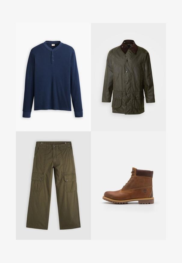 Barbour BEAUFORT - Κοντό παλτό - archive olive; Μπλουζάκι με μακριά μανίκια σε ναυτικό μπλε χρώμα, κατασκευασμένο από ριμπ ύφασμα. Διαθέτει στρογγυλή λαιμόκοψη και τρία κουμπιά. Τα μανίκια είναι εφαρμοστά.; Φαρδιά παντελόνια cargo σε ελιά πράσινο με τσεπάκια με καπάκια και κουμπιά στους μηρούς και πλαϊνές τσέπες μπροστά.; Καφέ δερμάτινο μποτάκι πεζοπορίας με λείο φινίρισμα, επενδεδυμένο αστράγαλο, μεταλλικές θηλιές και ελαστική σόλα που διαθέτει ρουστίκ μοτίβο.