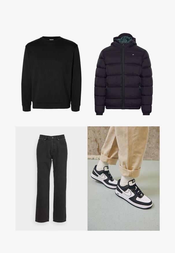 Must kapuutsiga puhvis jakk, ees tõmblukk, kaks lukuga küljetaskut ja väike rinnalogo, kujutatud lihtsal valgel taustal.; Must rihmikuga pullover ümara kraega, soonikkoes mansettide ja äärega, lihtsa disainiga, ilma nähtavate logode või mustriteta.; Mustad denim püksid sirge sääre disainiga, millel on ees nupuga sulgemine, vöörihmade niidid ja kaks külgtaskut. Tekstuuriga kangas.; Mustvalge Nike Air Force 1 tossud nahast pealsega, perforeeritud varbaga ja tekstuurse tallaga, kantud kergete beige pükstega, mille alumine serv on üles keeratud, ja valgete sokkidega.