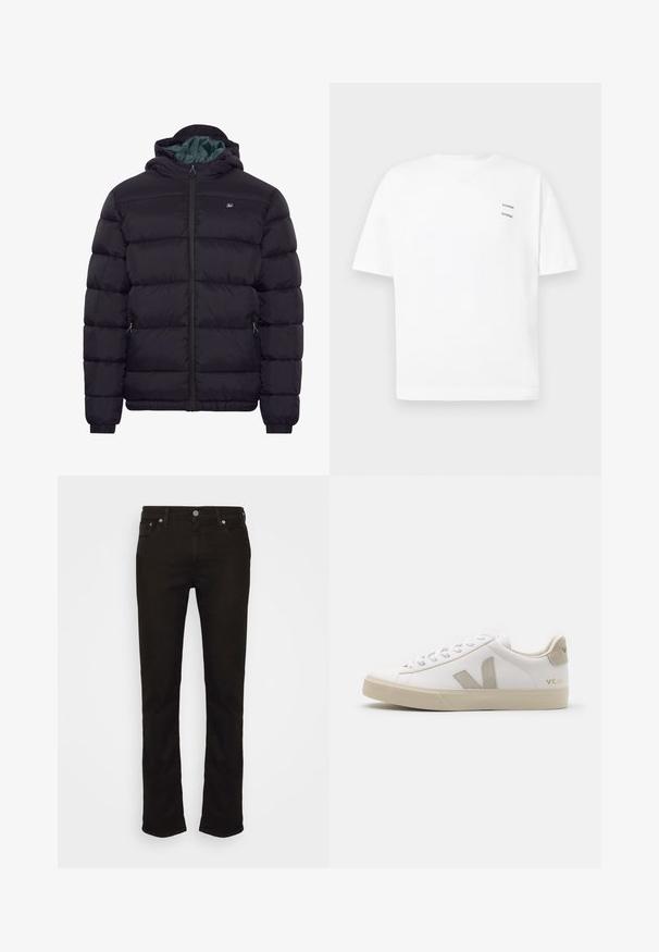 Zwarte gewatteerde jas met capuchon, ritssluiting aan de voorkant, twee zijzakken met rits en een klein borstlogo, getoond tegen een effen witte achtergrond.; Witte katoenen t-shirt met een relaxed fit, korte mouwen en een V-hals. Bevat twee kleine zwarte bedrukte logo's aan de linkerkant.; Zwarte spijkerbroek van denim met een rechte pijp, voorzien van een klassiek vijf-pocket ontwerp, metalen knoopsluiting en subtiele stikdetails.; Witte leren sneaker met beige accenten, platte rubberen zool, ronde neus en contrasterend logo aan de zijkant en achterkant. Vetersluiting.