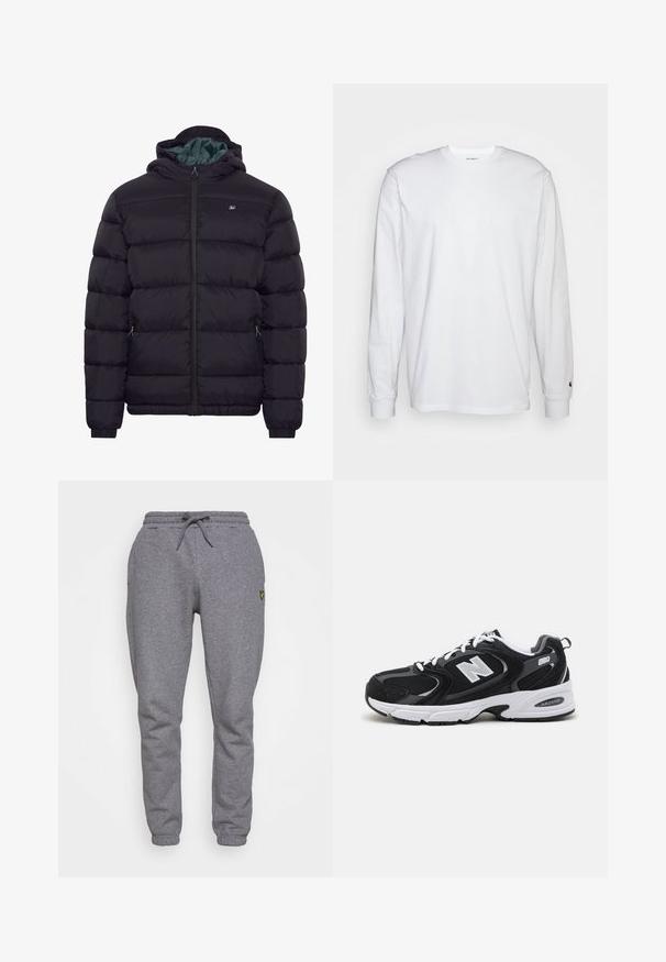 Sort dunjakke med hætte, frontlynlås, to lynlåslommer i siderne og et lille brystlogo, vist på plain hvid baggrund.; Hvid langærmet T-shirt lavet af bomuld. Rund halsudskæring med ribbede manchetter og et lille logo på venstre ærme. Glat tekstur.; Grå bomulds sweatpants med elastisk talje, snøre, sidelommer og et lille gult logo på låret. Tapered ben design.; Sorte og grå sportssko med mesh og ruskind på overdelen, der har en hvid mellemsål, snørebånd og et iøjnefaldende "N" logo på siden.