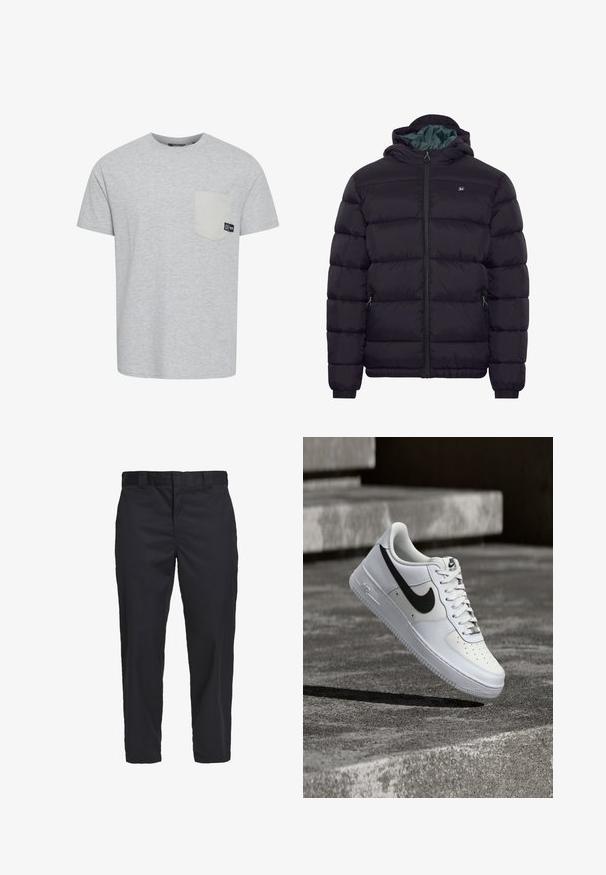 Doudoune noire avec capuche, fermeture éclair sur le devant, deux poches latérales zippées et un petit logo sur la poitrine, présentée sur fond blanc uni.; T-shirt gris à manches courtes en tissu doux, avec une poche de couleur gris clair en contraste et une petite étiquette logo près de la poche.; Chinos noirs en coton léger, avec une coupe droite, des poches latérales et une fermeture à bouton à la taille.; Baskets blanches Nike Air Force 1 avec le swoosh noir, lacets attachés, en suspension dans les airs au-dessus d'une surface en béton texturé en extérieur.